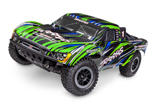 A studio shot of the 1/10 Slash 2WD BL-2S HD Ready to Run (Green) (TRA58334-4-GRN).