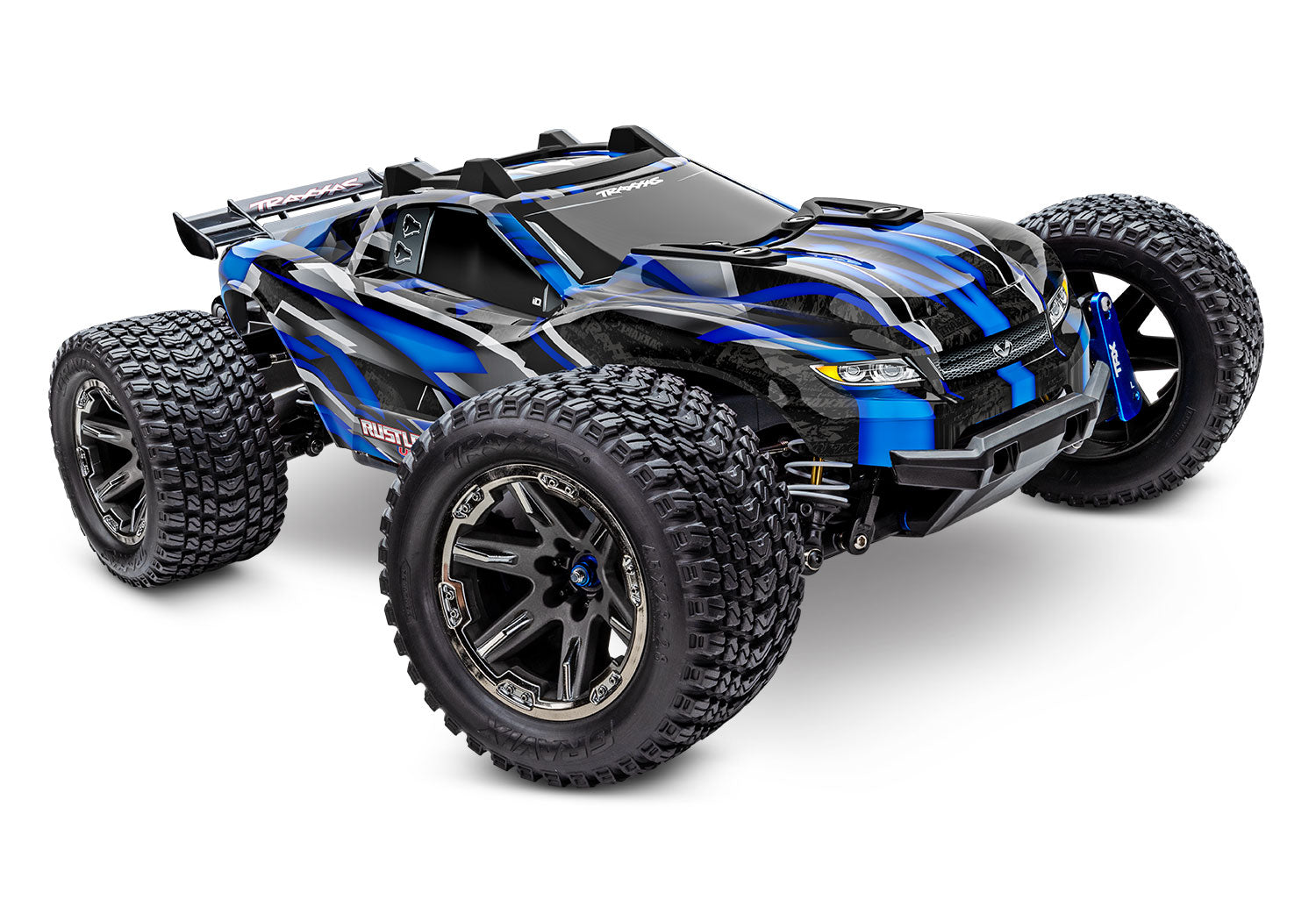 A studio shot of the 1/10 Rustler 4x4 VXL Ultimate Edition (Blue) (TRA67097-4-BLUE).