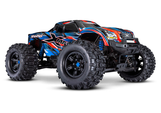 A studio shot of the X-Maxx 8S with Belted Sledgehammer Tires (Blue) (TRA77096-4-BLUE).
