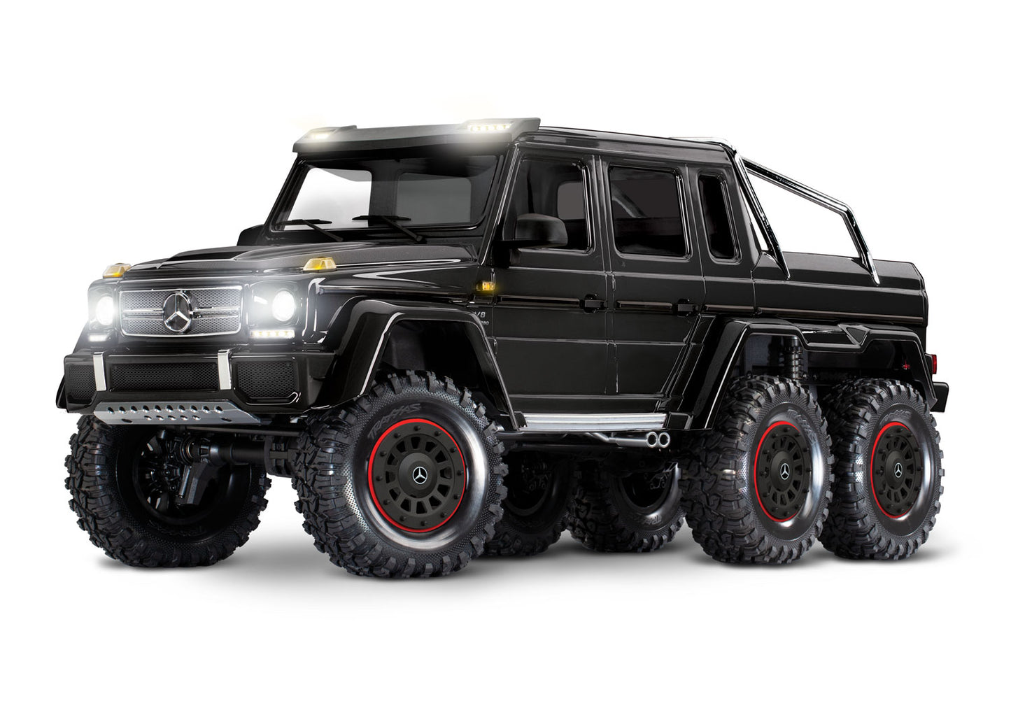 A studio shot of the 1/10 TRX-6 Mercedes-Benz G 63 AMG 6x6 with Clipless Body Ready to Run (Black) (TRA88296-4-BLK).
