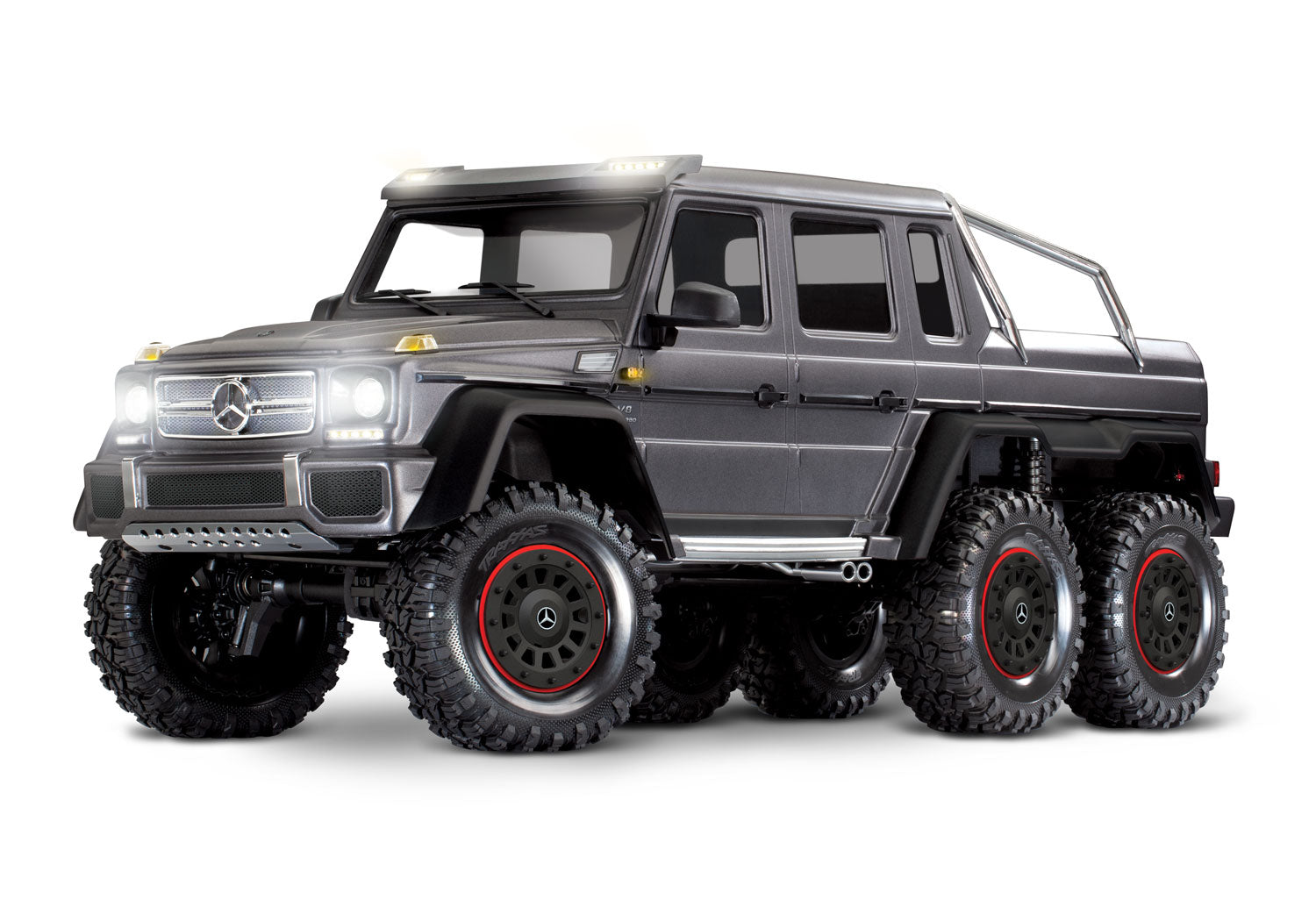 A studio shot of the 1/10 TRX-6 Mercedes-Benz G 63 AMG 6x6 with Clipless Body Ready to Run (Silver) (TRA88296-4-SLVR).