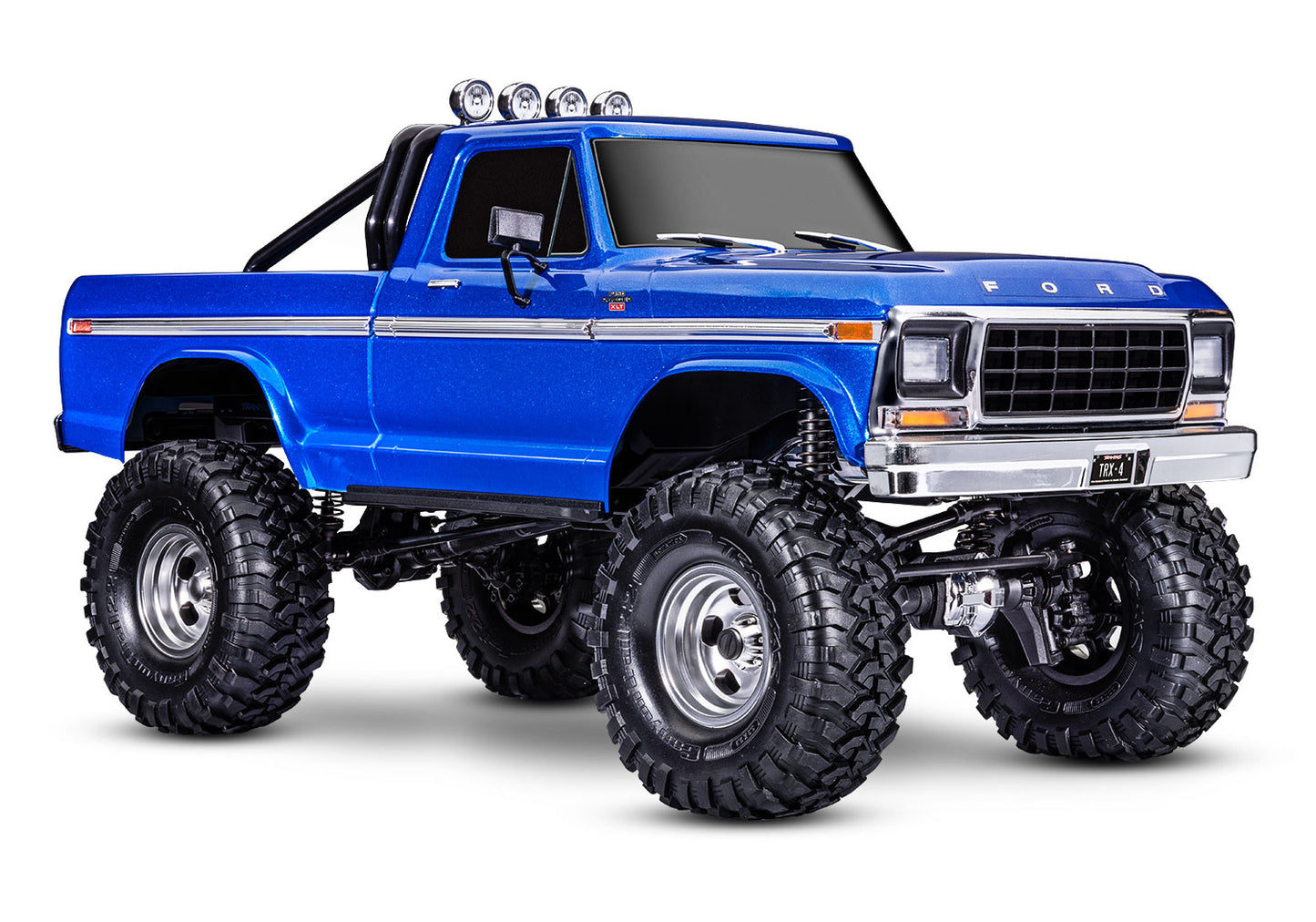 A studio shot of the 1/10 TRX-4 Ford F-150 High Trail Edition Ready to Run (Blue) (TRA92046-4-BLUE).