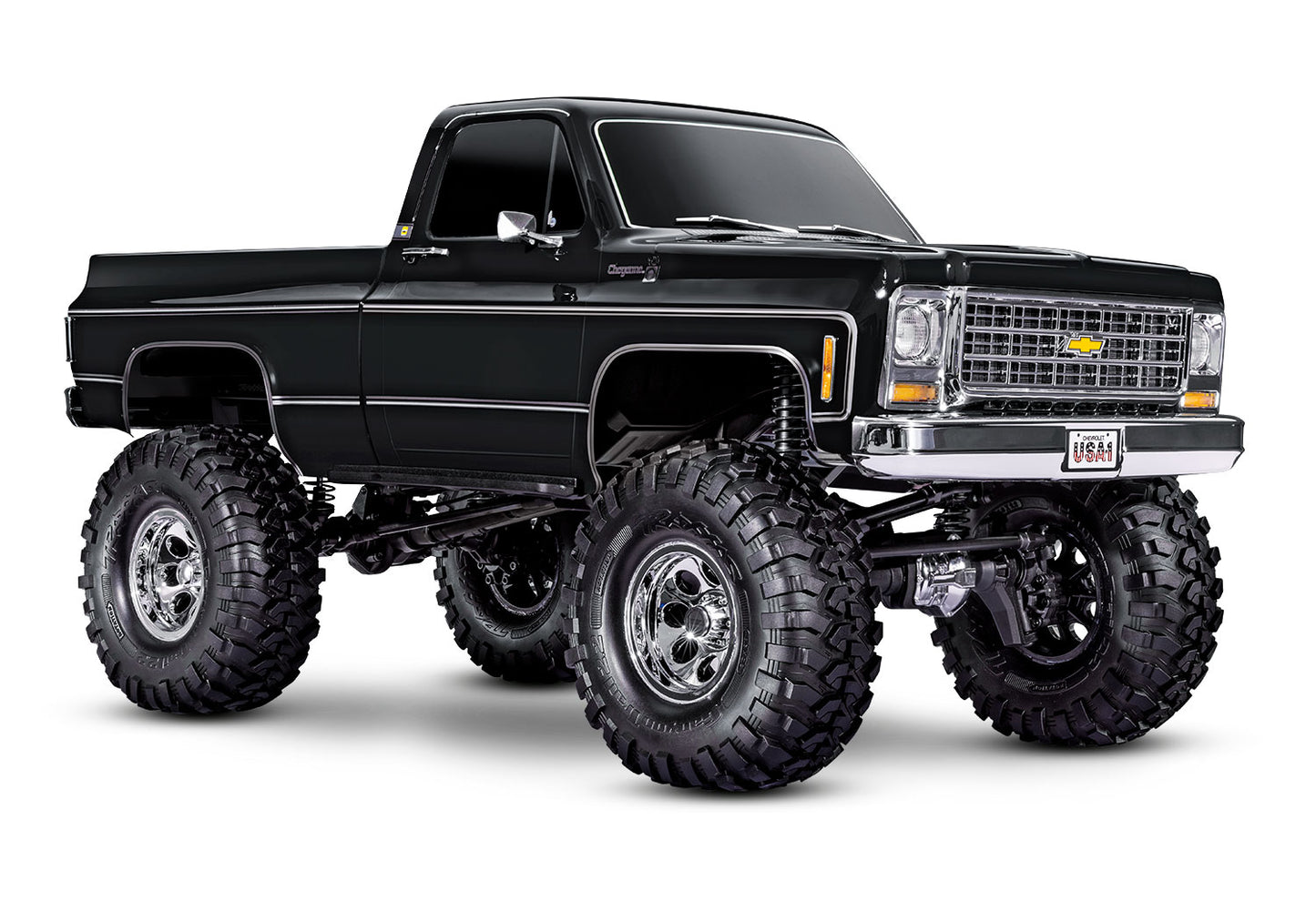 A studio shot of the 1/10 TRX-4 Chevrolet K10 High Trail Edition Ready to Run (Black) (TRA92056-4-BLK).