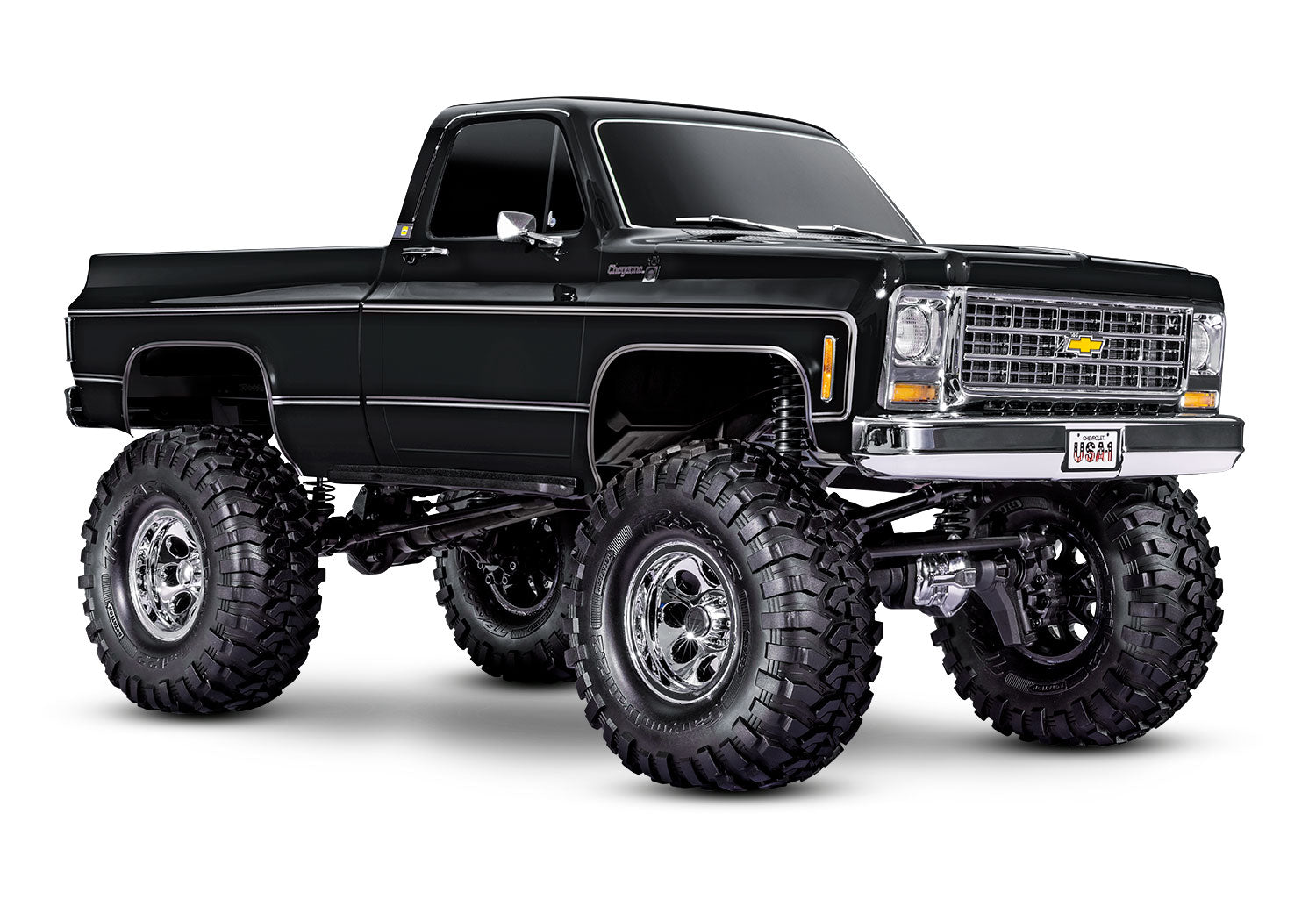 A studio shot of the 1/10 TRX-4 Chevrolet K10 High Trail Edition Ready to Run (Black) (TRA92056-4-BLK).