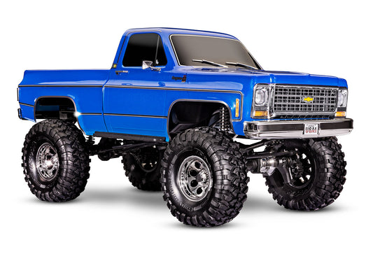 A studio shot of the 1/10 TRX-4 Chevrolet K10 High Trail Edition Ready to Run (Blue) (TRA92056-4-BLUE).