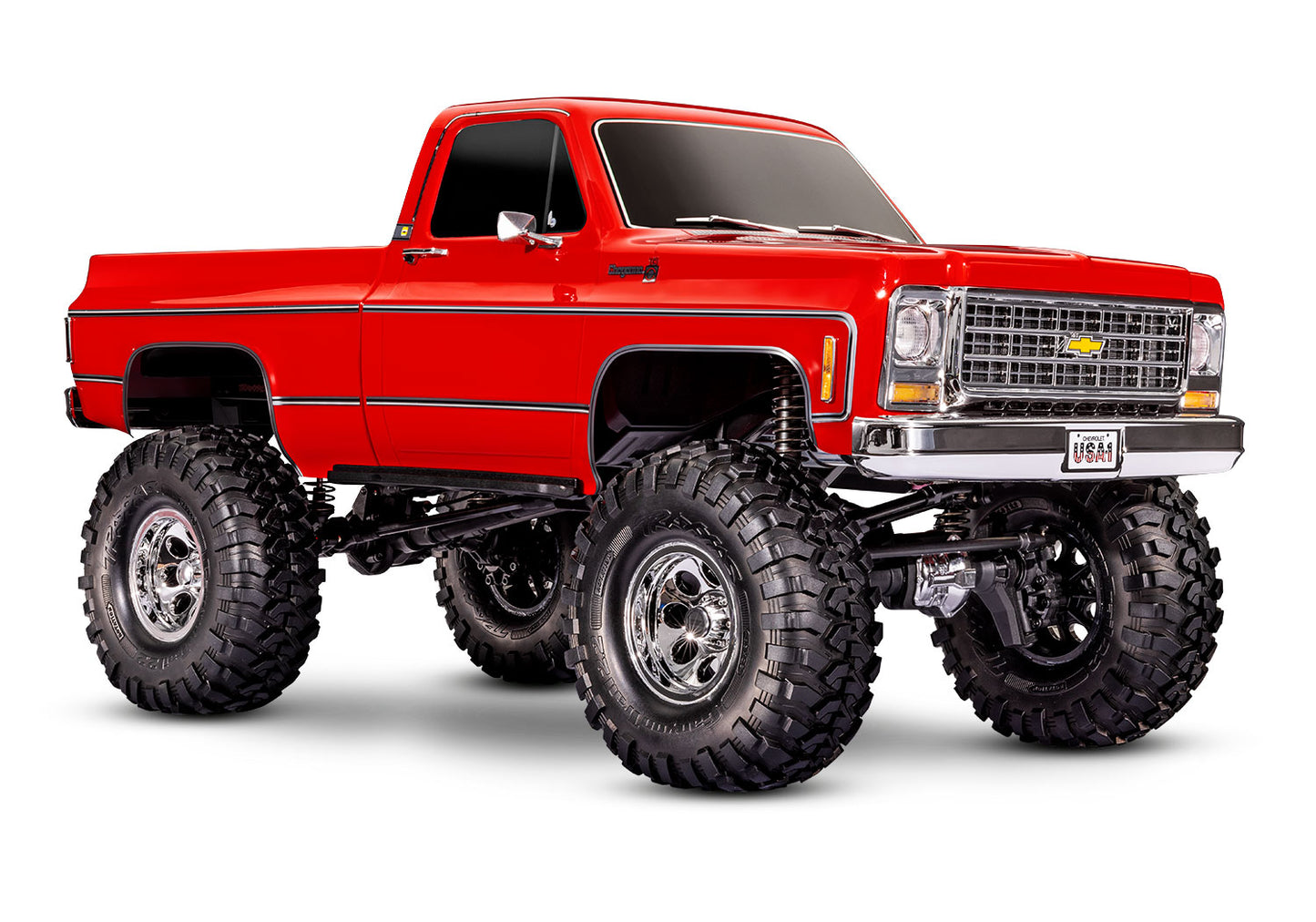 A studio shot of the 1/10 TRX-4 Chevrolet K10 High Trail Edition Ready to Run (Red) (TRA92056-4-RED).