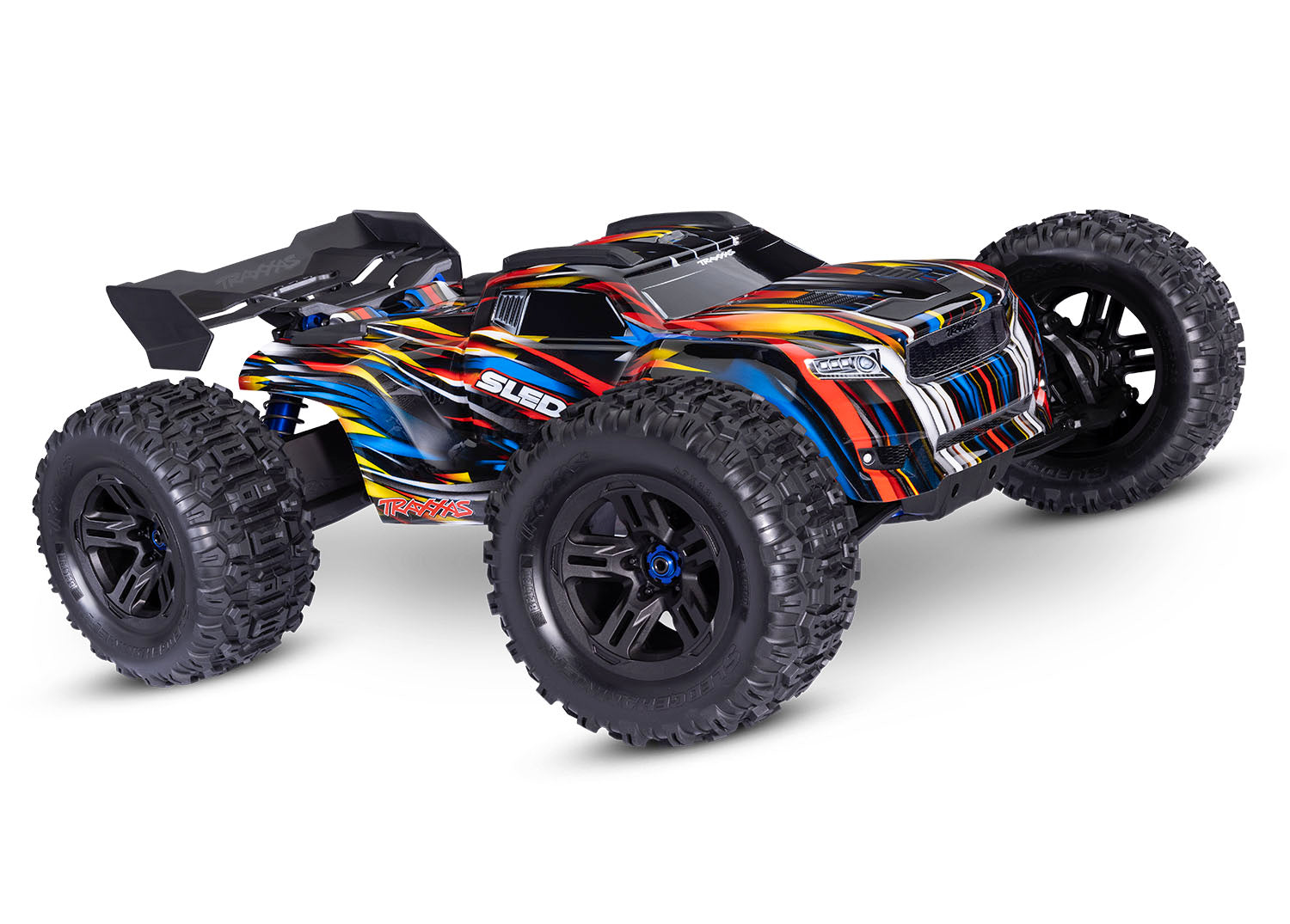 A studio shot of the 1/8 Sledge with Belted Sledgehammer Tires Ready to Run (Blue) (TRA95096-4-BLUE).