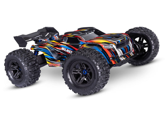 A studio shot of the 1/8 Sledge with Belted Sledgehammer Tires Ready to Run (Blue) (TRA95096-4-BLUE).