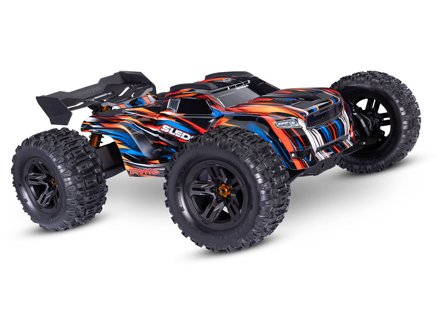 A studio shot of the 1/8 Sledge with Belted Sledgehammer Tires Ready to Run (Orange) (TRA95096-4-ORNG).