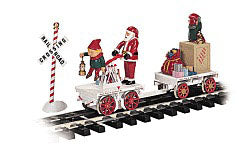 G Gandy Dancer Hand Car with Trailer and 3 Figures Standard DC Christmas with Santa, 2 Elves, Presents (BAC96241)