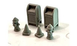 HO Sidewalk Details Unpainted Resin Castings Traffic Cones, Mailboxes, Fire Hydrants (2/Each) (BAR2025)