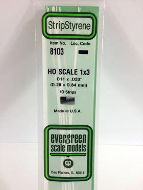 HO 1x3 Opaque White Polystyrene Strip 0.011"x0.033"x14" (10) (EVG8103)