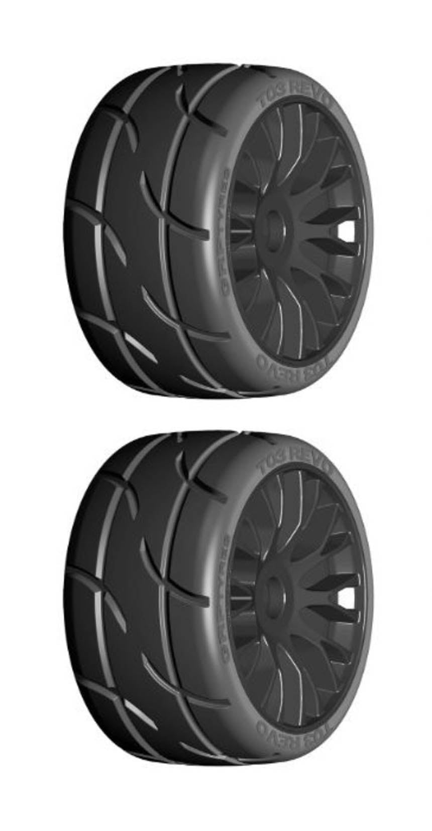 GT T03 Revo UltraSoft Mounted Tires on Spoked Black Wheels (2): 1/8 Buggy (GRPGTH03XB1)