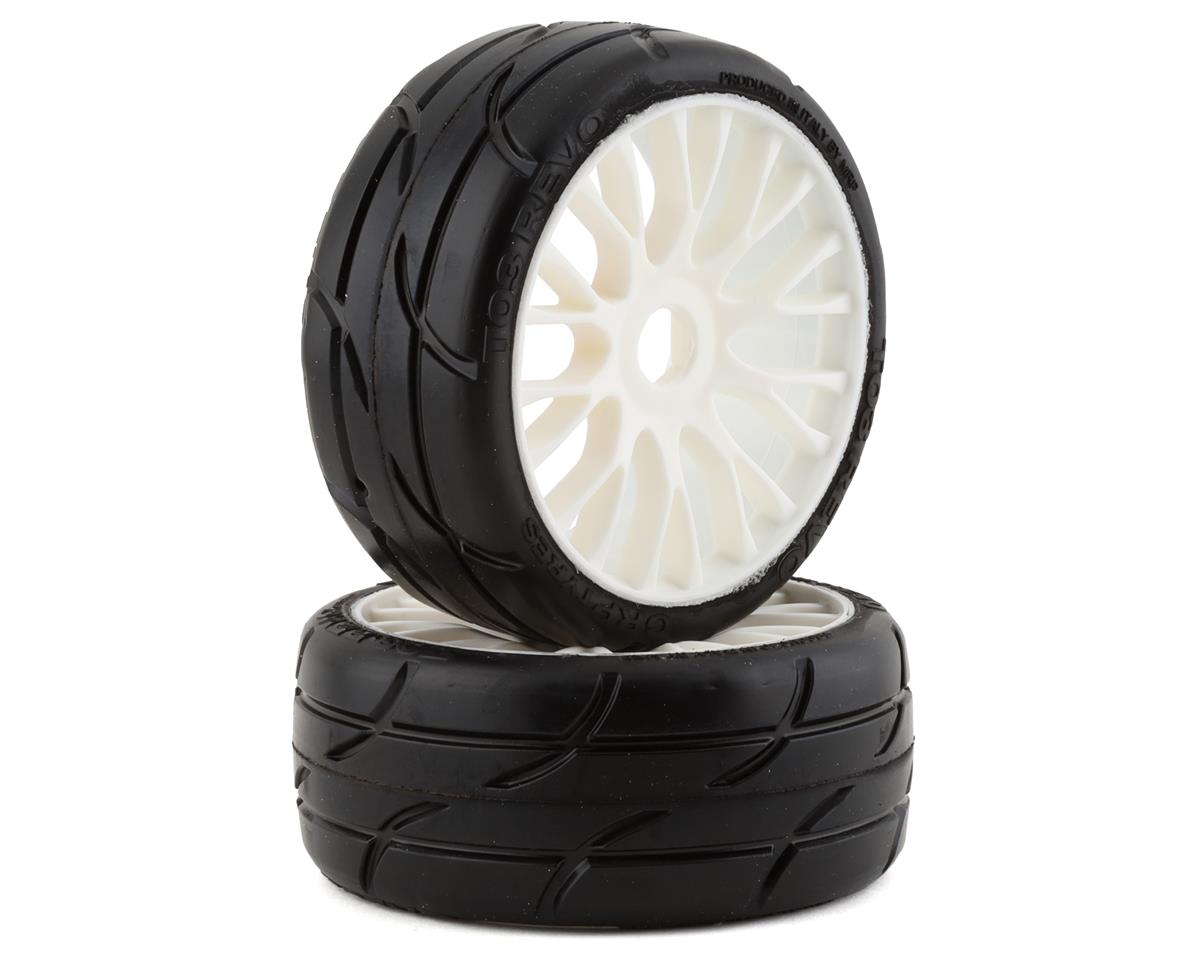 GT TO3 Revo XM5 Medium Mounted Belted Tires on White Spoked Wheels (2): 1/8 Buggy (GRPGTJ03XM5)