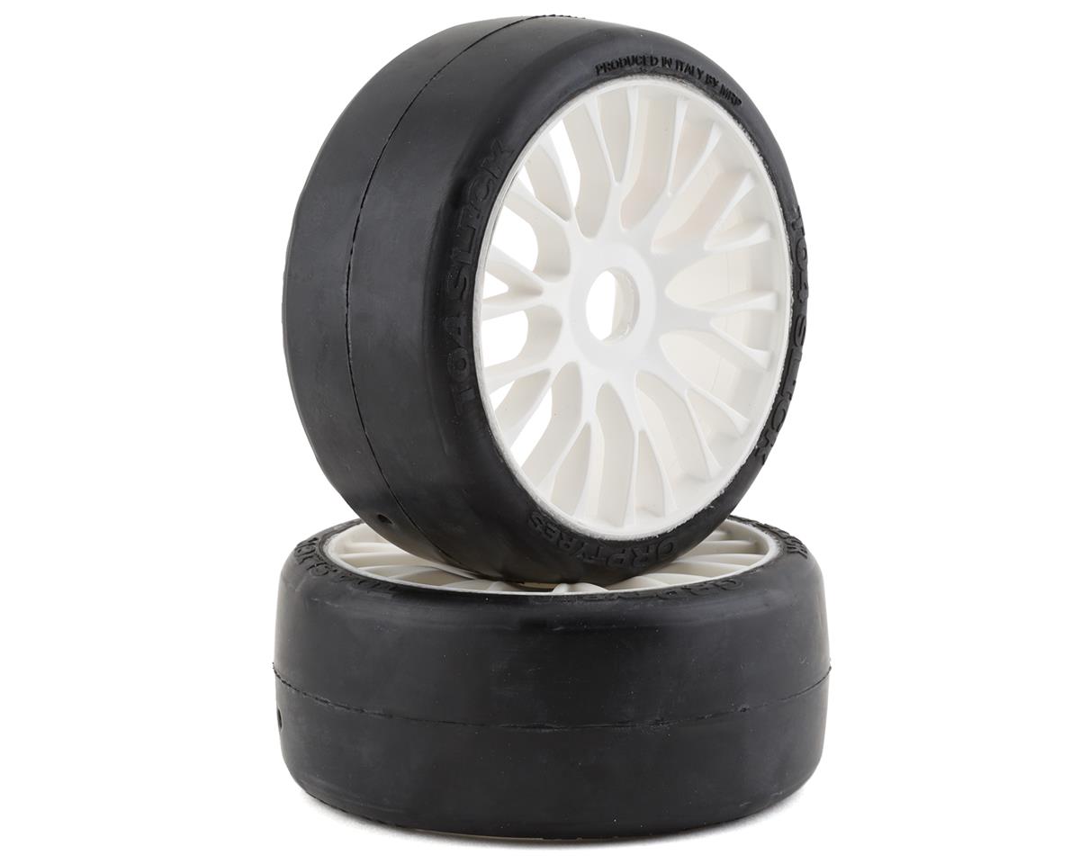 GT TO4 Slick XM5 Medium Mounted Belted Tires on White Spoked Wheels (2): 1/8 Buggy (GRPGTJ04XM5)