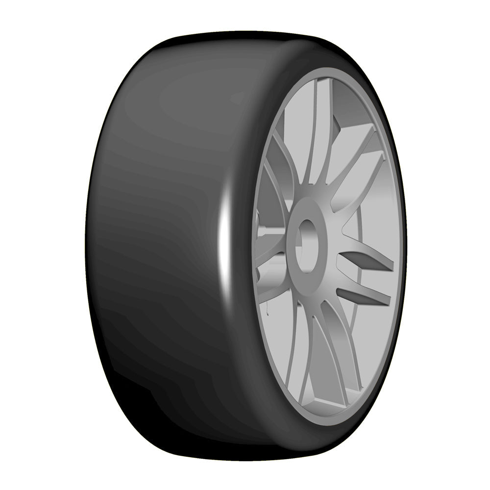 GT T02 Slick S5 Medium Mounted Belted Tires on Spoked Silver Wheels (2): 1/8 Buggy (GRPGTK02S5)