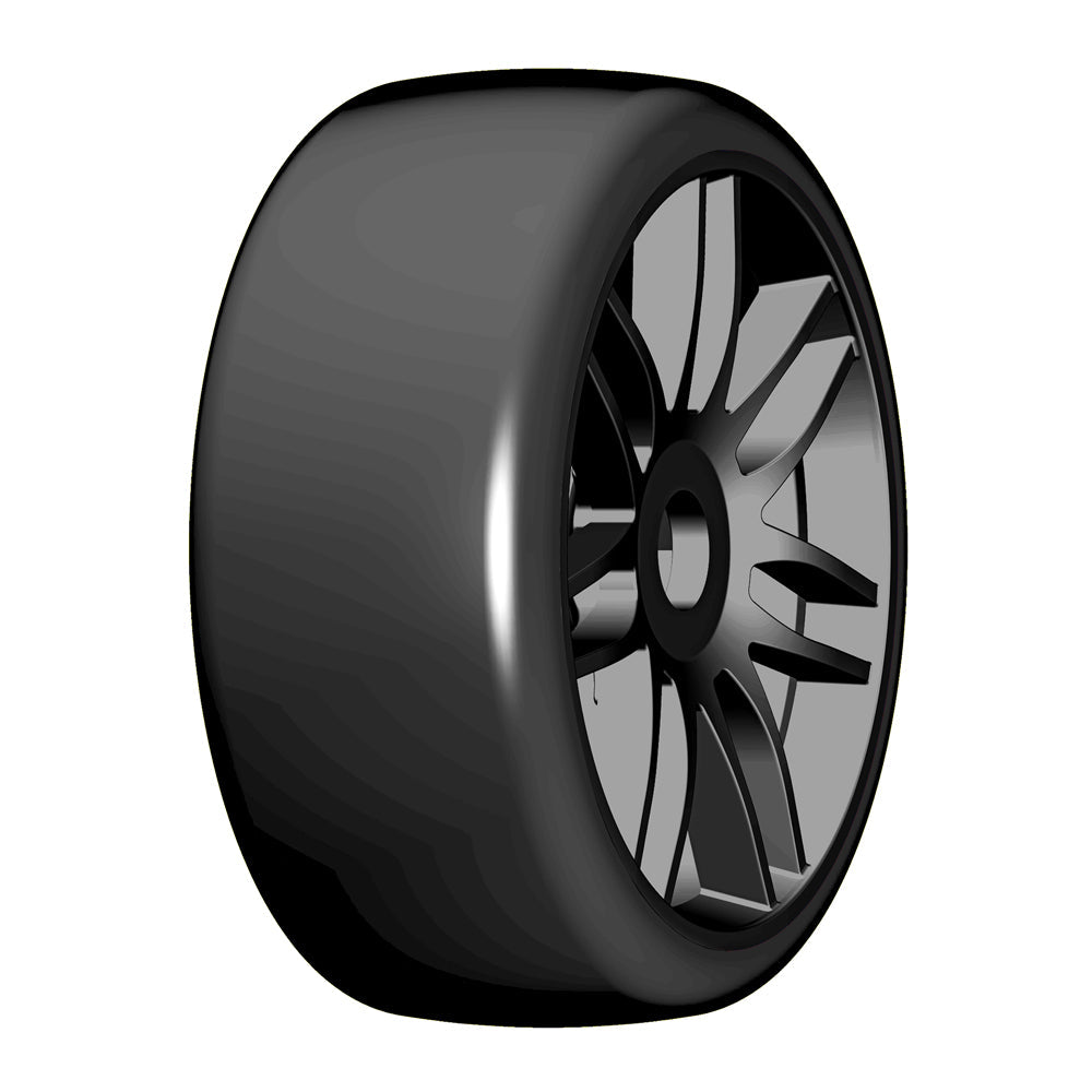 GT T02 Slick S1 XXSoft Mounted Belted Tires on Spoked Black Wheels (2): 1/8 Buggy (GRPGTX02S1)