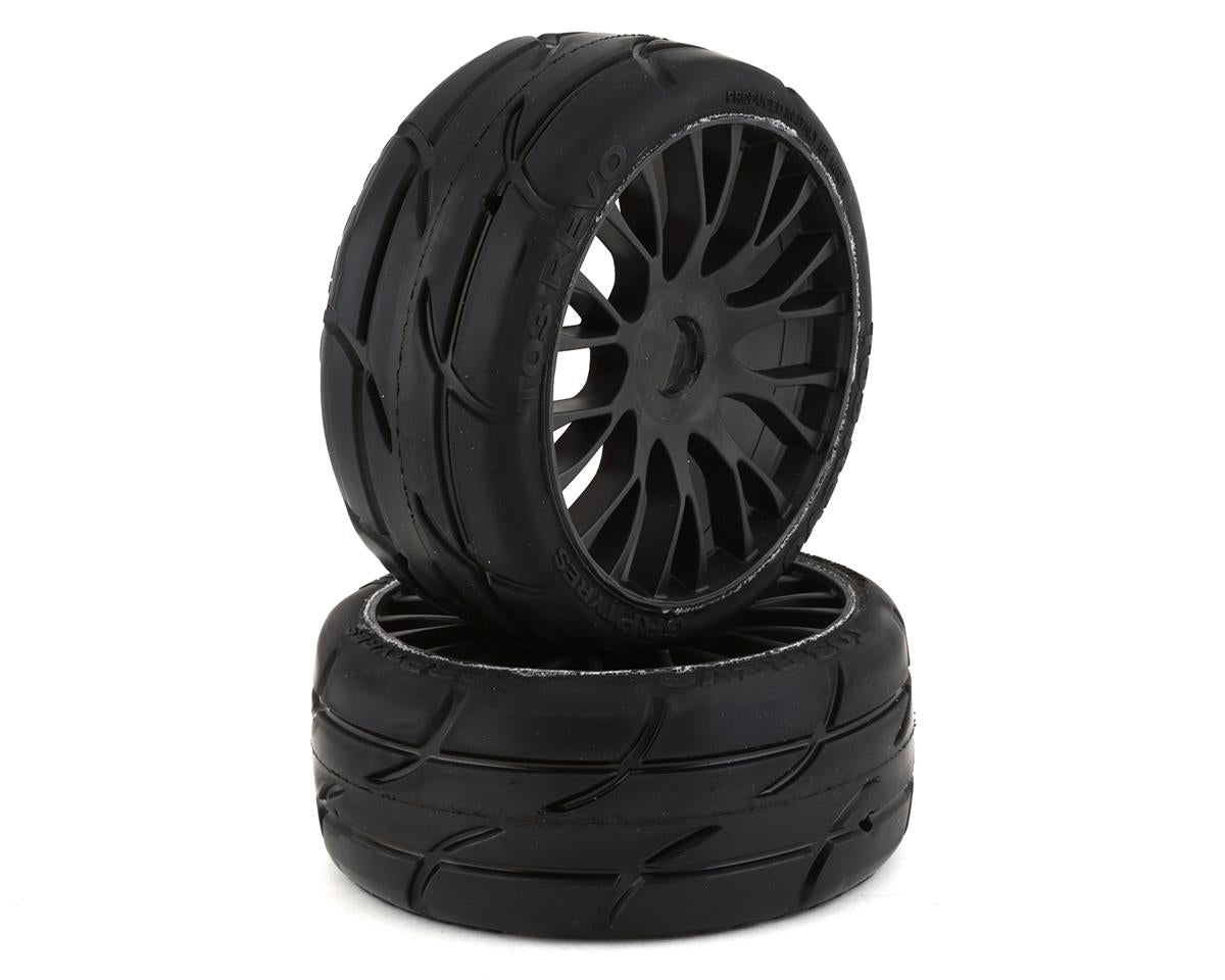 GT TO3 Revo XM5 Medium Mounted Belted Tires on Black Spoked Wheels (2): 1/8 Buggy (GRPGTX03XM5)