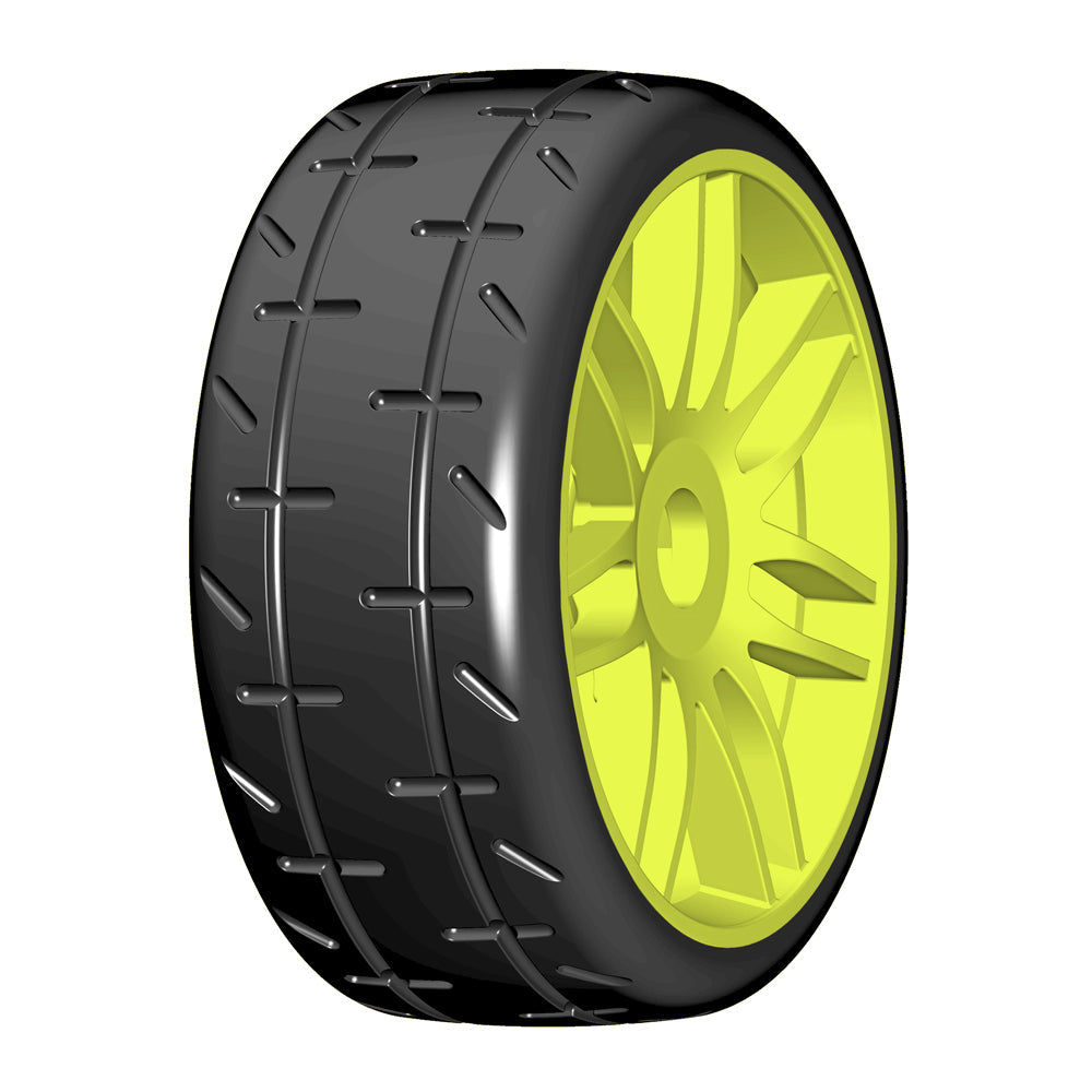 GT T01 Revo S1 XXSoft Mounted Belted Tires on Spoked Yellow Wheels (2): 1/8 Buggy (GRPGTY01S1)