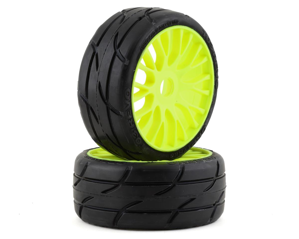 GT TO3 Revo XM5 Medium Mounted Belted Tires on Yellow Spoked Wheels (2): 1/8 Buggy (GRPGTY03XM5)