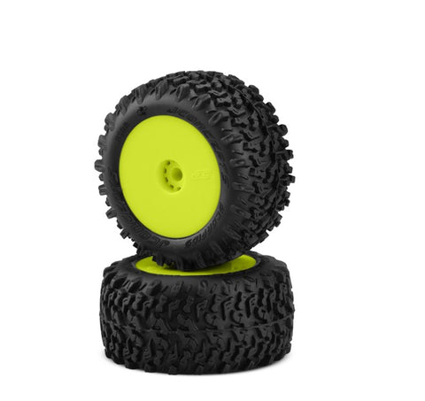 Scorpios Pre-Mounted Tires on Yellow Wheels for Losi Mini-T 2.0 or Mini-B Rear, Green Compound (2) (JCO31002221)