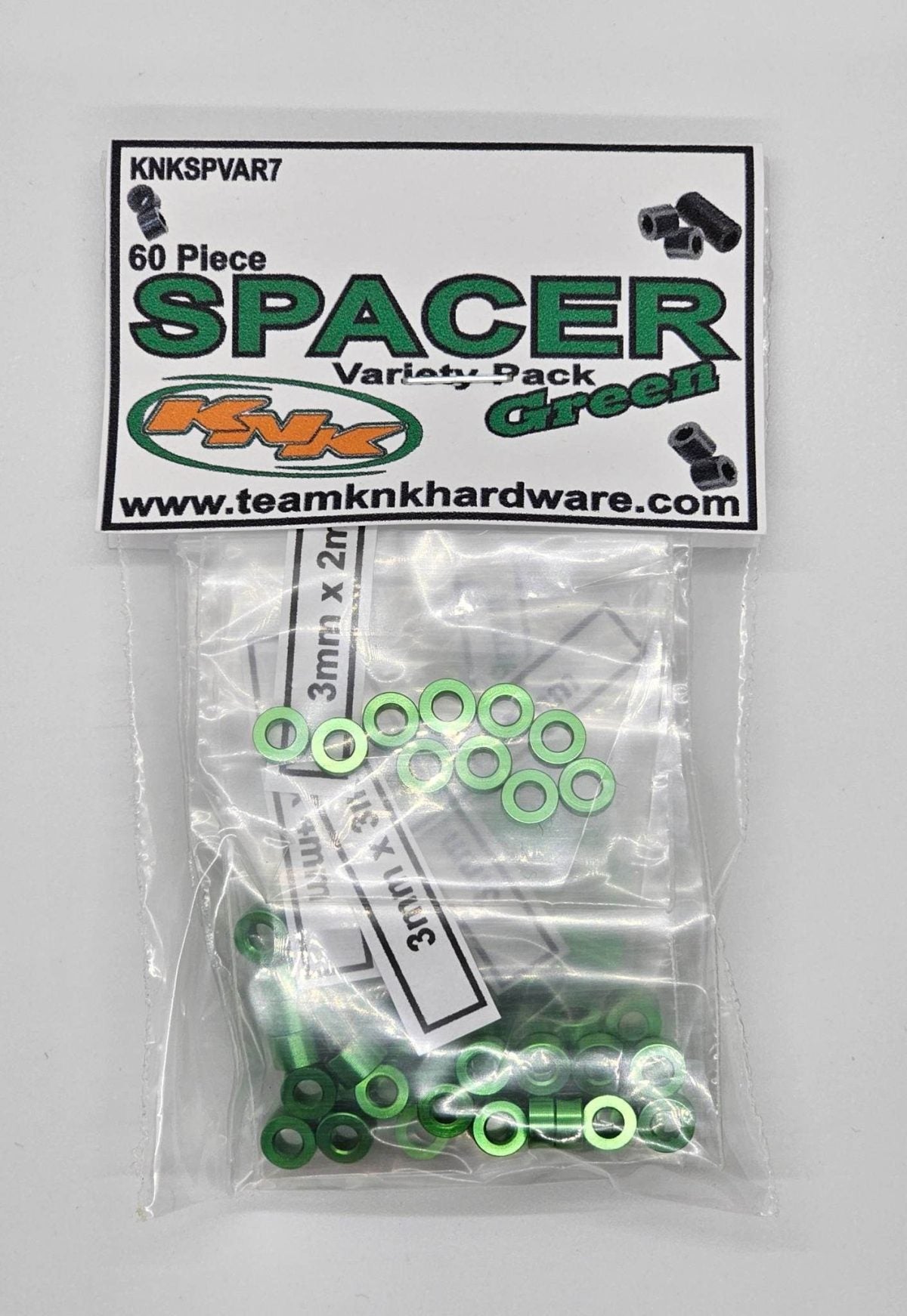 3mm Aluminum Spacer Variety Pack, Green (60 Assorted) (KNKSPVAR7)