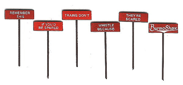 HO Burma Shave Plastic Signs Set #2: Trains Don't Whistle... (6) (LAB7602)