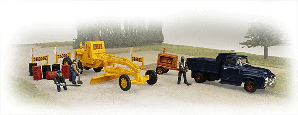 HO Roadwork Accessories: Figures, Barricades, Barrels, Dump Truck, Air Compressor Trailer, Road Grader (LIF1675)