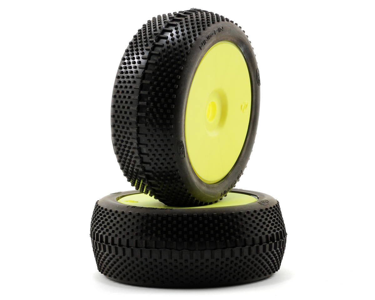Pre-Mounted 1/8 King-Pin Red Compound Buggy Tires with Yellow Wheels (2) (LOSA17770R)