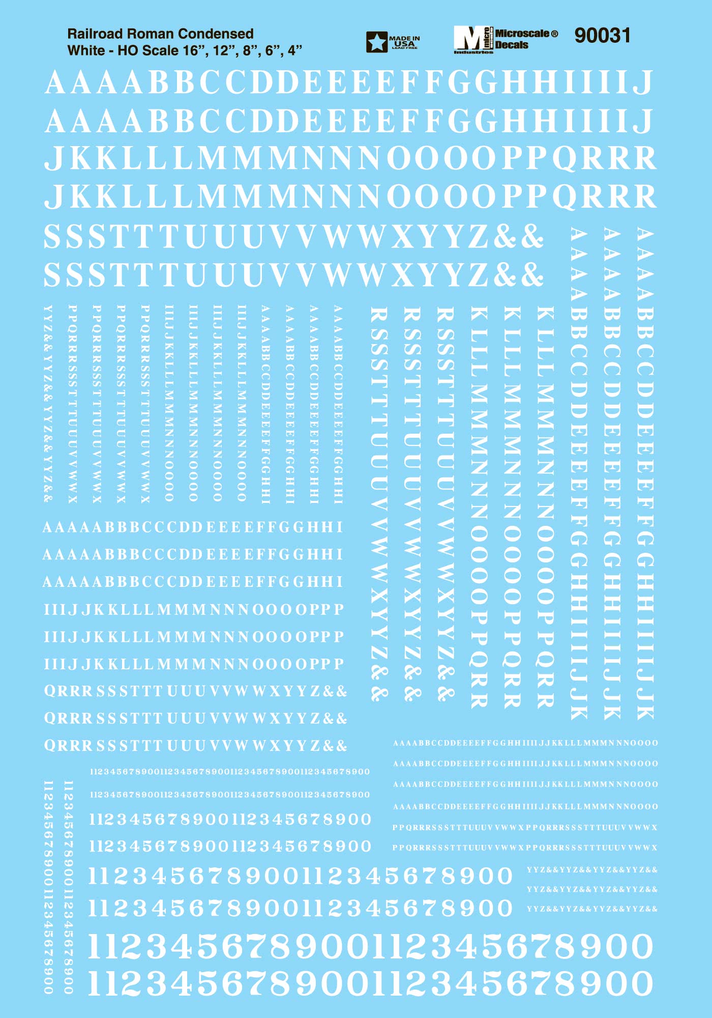 HO Alphabet and Number Decals: Condensed Roman, White (MSI90031)