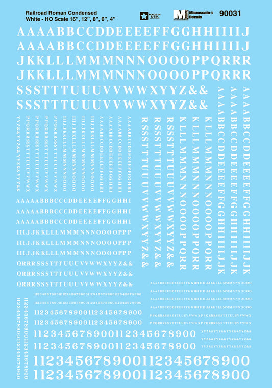 HO Alphabet and Number Decals: Condensed Roman, White (MSI90031)