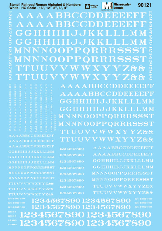 HO Alphabet and Number Decals: Railroad Roman Stencil, White (MSI90121)