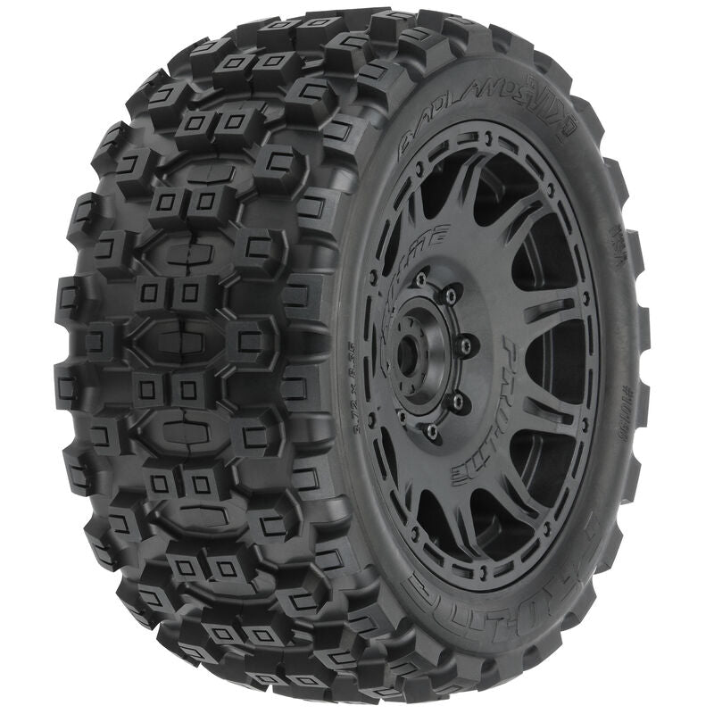 1/6 Badlands MX57 Front or Rear 5.7” Tires Mounted on Black Raid 8x48 Removable 24mm Hex Wheels (2) (PRO1019811)