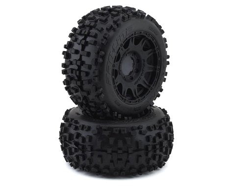 Badlands 3.8" M2 Compound Premounted Tires with 8x32 Black Raid Wheels for 1/8 Monster Truck (2) (PRO117810)