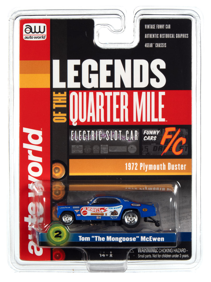 4Gear Hot Wheels Tom McEwen Mongoose II 1972 Plymouth Duster Funny Car, Blue with Flames HO Scale Slot Car (RDZSC376MONGII)
