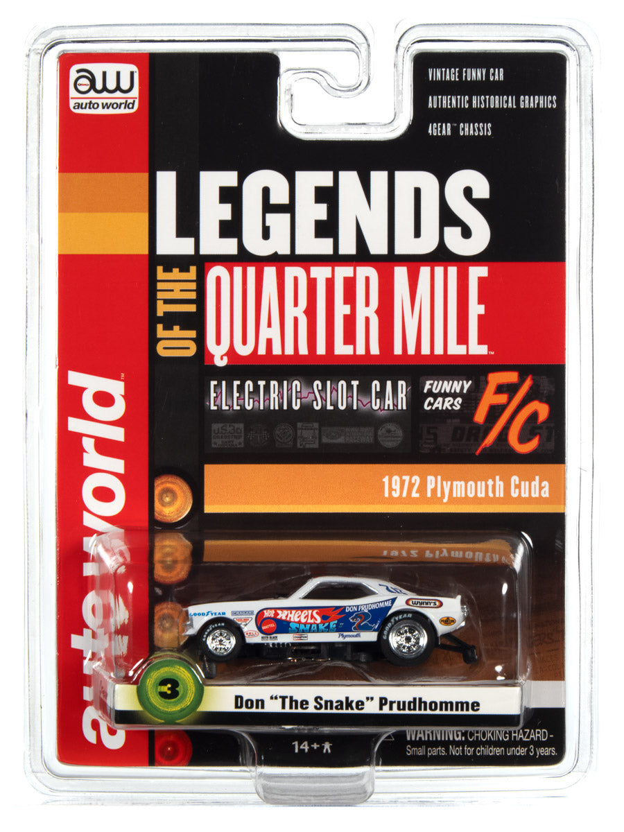 4Gear Hot Wheels Don The Snake Prudhomme Snake II 1972 Plymouth Cuda Funny Car, White with Flames HO Scale Slot Car (RDZSC376SNAKEI)