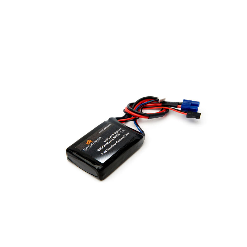 2000mAh 7.4V 2S LiPo Receiver Battery Pack with Universal Receiver and EC3 Plugs (SPMB2000LPRX)