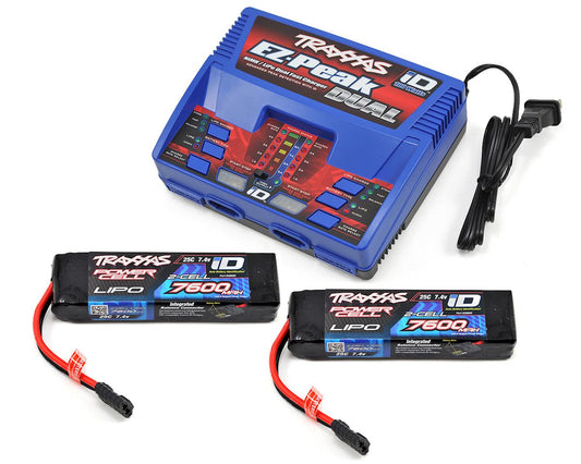 7600mAh 25C 2S LiPo Battery (2) with EZ-Peak Dual Charger Completer Pack (TRA2991)