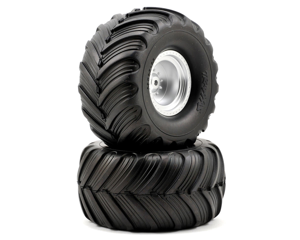 Monster Jam Replica 2.2" Premounted Tires with Satin Chrome Wheels for Stampede Rear (2) (TRA3663)