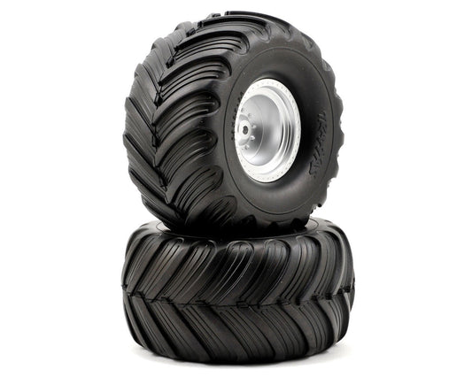 Monster Jam Replica 2.2" Premounted Tires with Satin Chrome Wheels for Stampede Rear (2) (TRA3663)