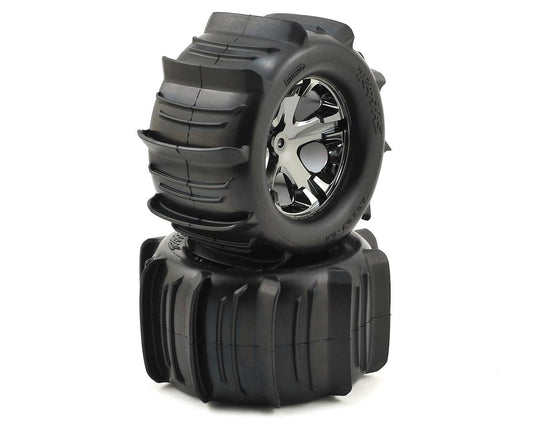 Paddle 2.8" Premounted Tires with Black Chrome All-Star Wheels for Rustler/Stampede Rear (2) (TRA3689)