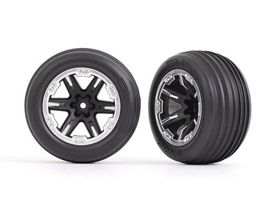 Ribbed 2.8" Premounted Tires with Black/Satin Chrome RXT Wheels for Rustler Front (2) (TRA3771X)