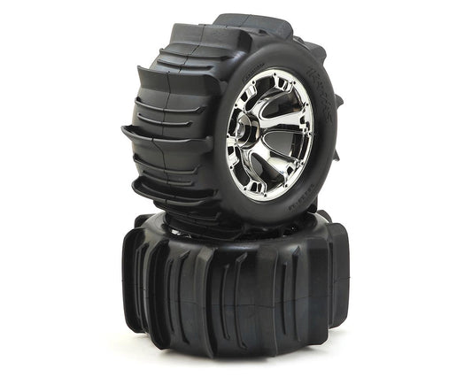 Paddle 3.8" Premounted Tires with Chrome Geode Wheels for E-Maxx/Revo/Summit/T-Maxx (2) (TRA5672)