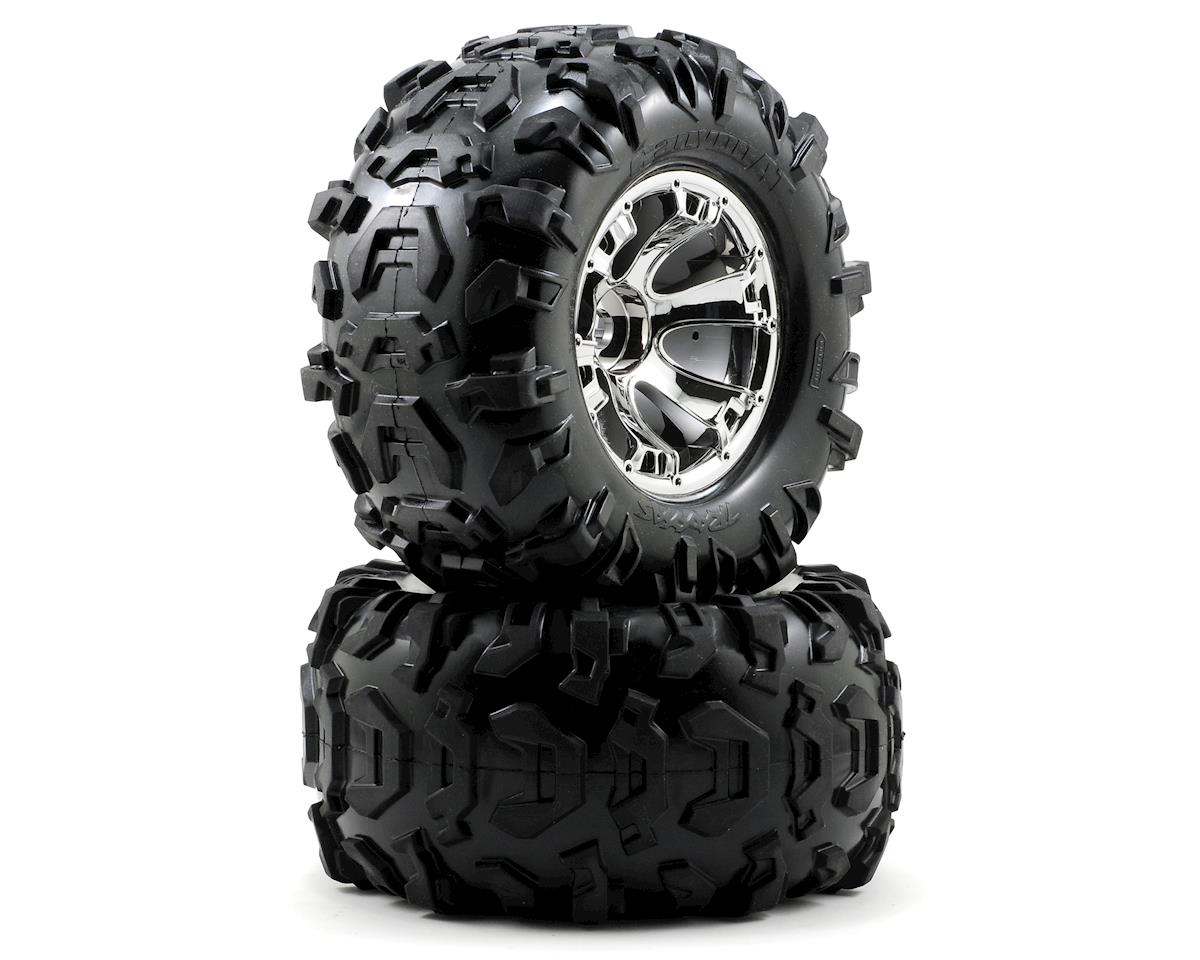 Canyon 3.8" Premounted Tires with Chrome Geode Wheels for E-Maxx/Revo/Summit/T-Maxx (2) (TRA5673)