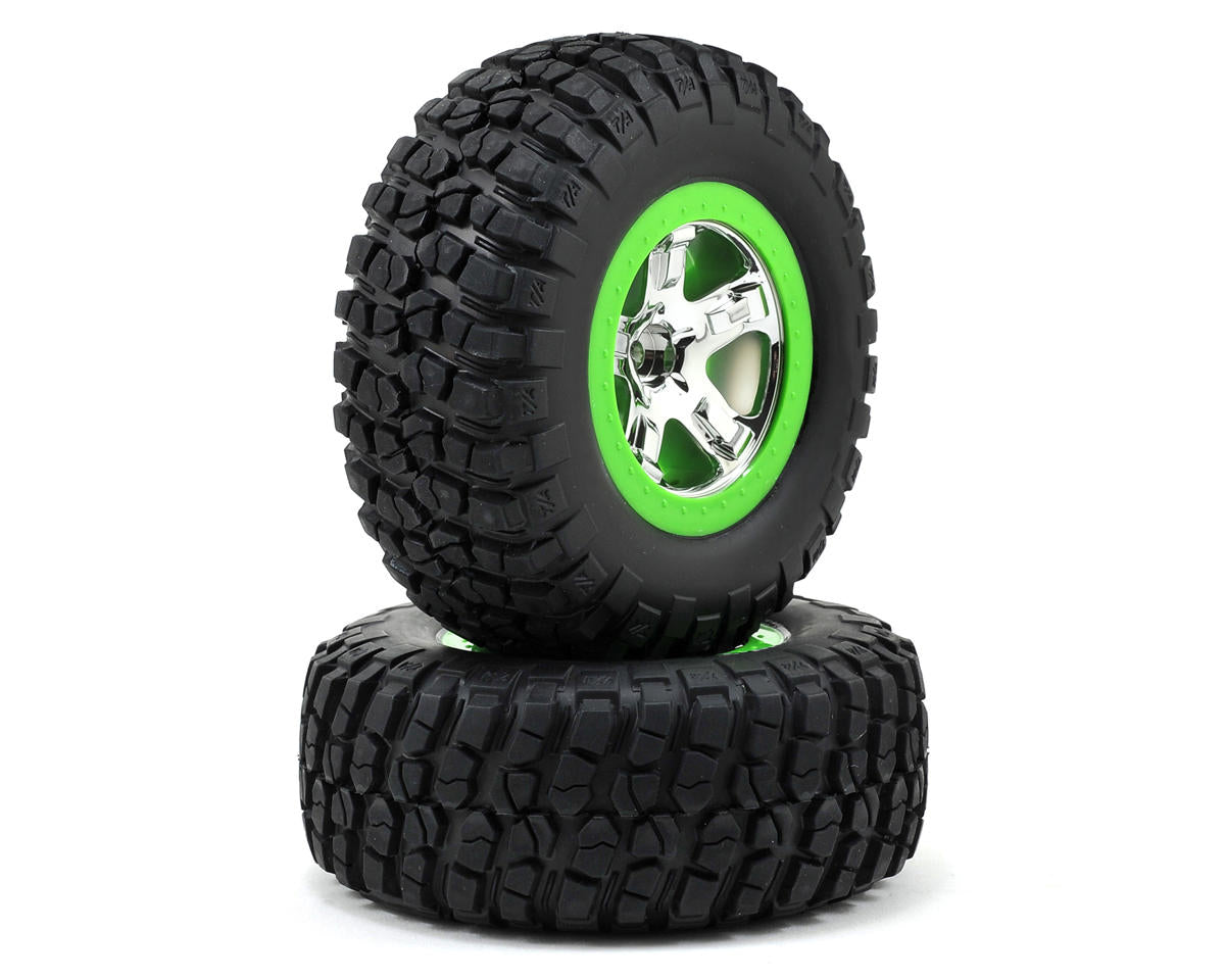 BFGoodrich KM2 2.2/3.0 SCT Premounted Tires with Chrome/Green Wheels for Slash Front (2) (TRA5865)