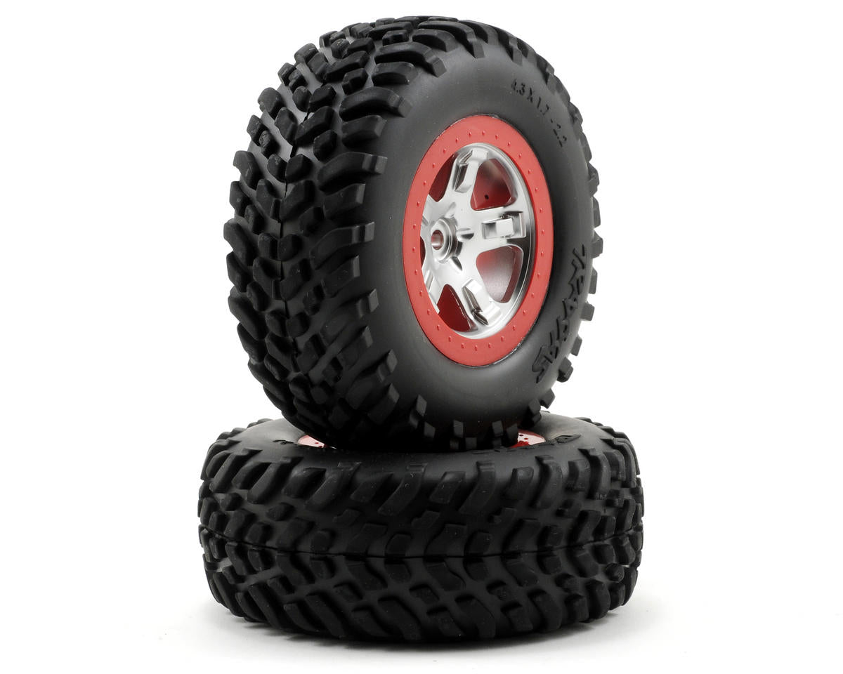 OFR 2.2/3.0 SCT Premounted Tires with Satin Chrome/Red Wheels for Slash Rear/Slash 4x4 (2) (TRA5873A)