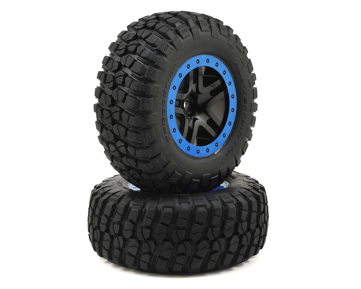 BFGoodrich KM2 2.2/3.0 SCT Premounted Tires with Black/Blue Split-Spoke Wheels for Slash Rear/Slash 4x4 (2) (TRA5883A)