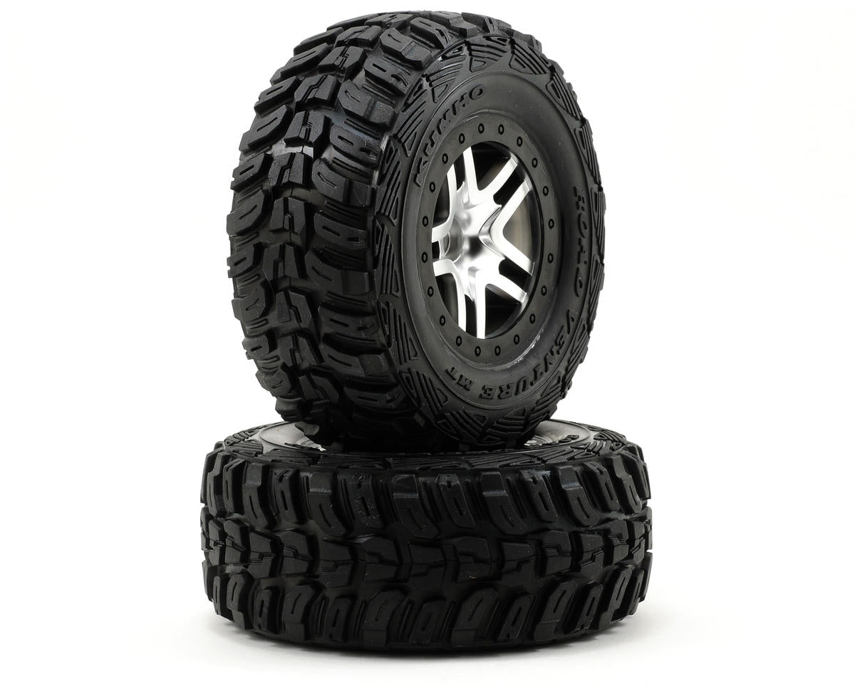 Kumho Venture MT 2.2/3.0 SCT Premounted Tires with Satin Chrome/Black Split-Spoke Wheels for Slash Rear/Slash 4x4 (2) (TRA6874)