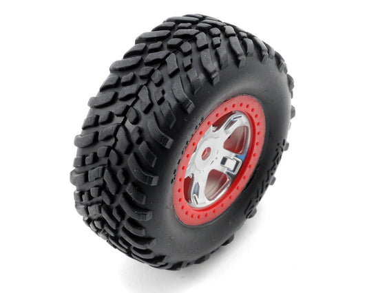 SCT Off-Road Premounted Tires with Satin Chrome/Red Wheels for 1/16 Slash (2) (TRA7073A)