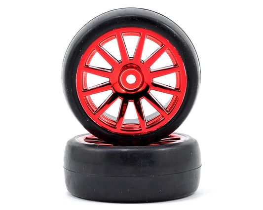 Slick Premounted Tires with Red Chrome 12-Spoke Wheels for Latrax Rally (2) (TRA7573X)